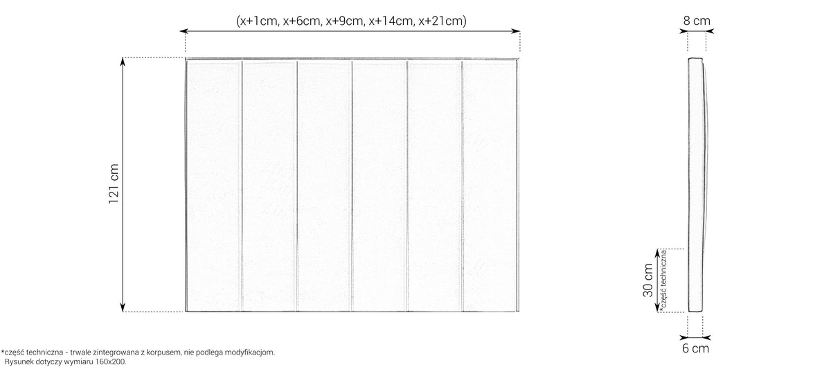 Zagłówek Z244 w pionowe przeszycia, 121 cm – wymiary, rysunek techniczny