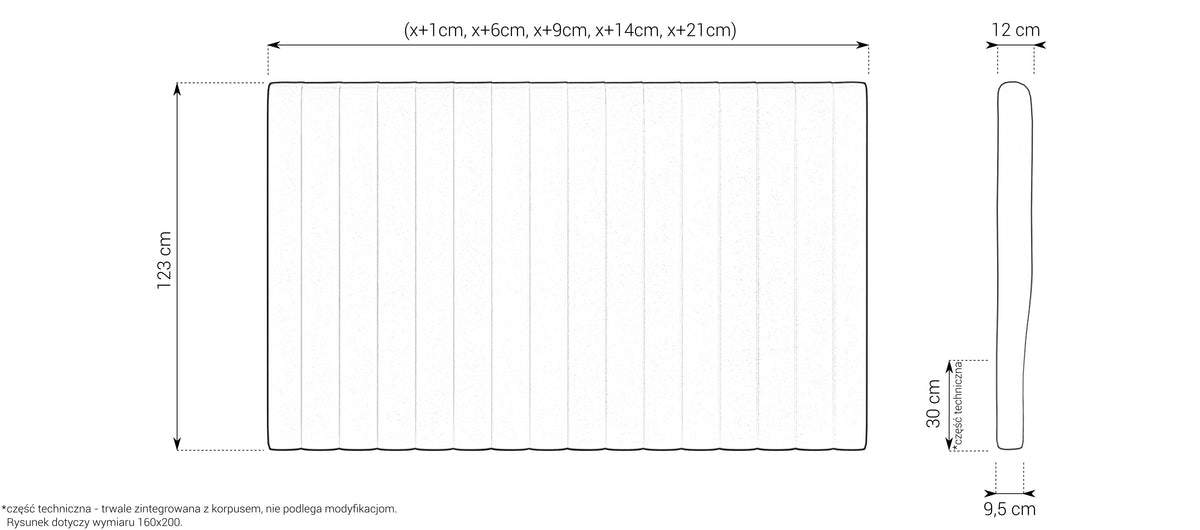 Zagłówek Z58 z gęstymi pionowymi przeszyciami, 123 cm – wymiary, rysunek techniczny