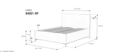 Łóżko tapicerowane 84001 z pojemnikiem i gładkim zagłówkiem – wymiary, rysunek techniczny