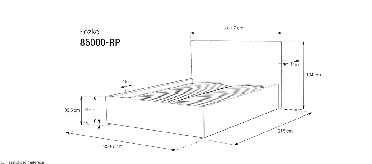 Łóżko tapicerowane 86000 z pojemnikiem z serii Classic – wymiary, rysunek techniczny